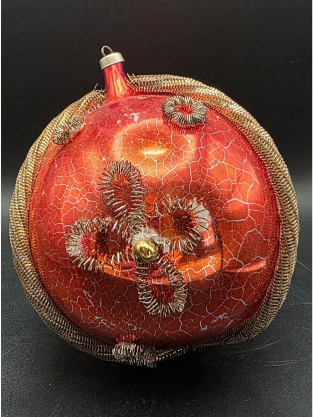 Rare Vintage Jumbo Red Mercury Glass Christmas Ornament Wire Mesh & Bead Accents